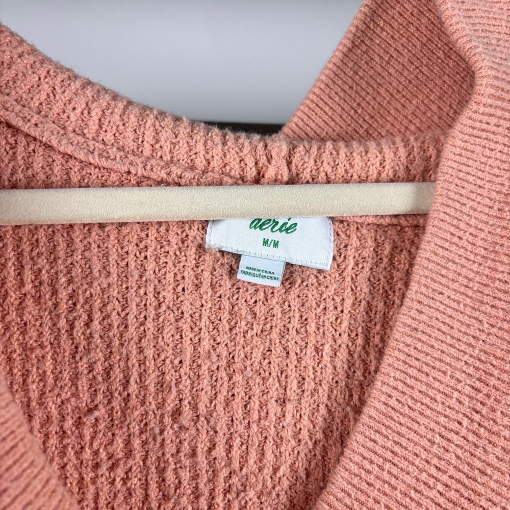Aerie Waffle Knit Hoodie Pullover Peach Oversized V Neck Sweater - Picture 4 of 12